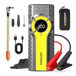 Portable car jump starter and air pump with digital display, charging cables, and various nozzle attachments, branded AIPOWAY. Includes carrying case.