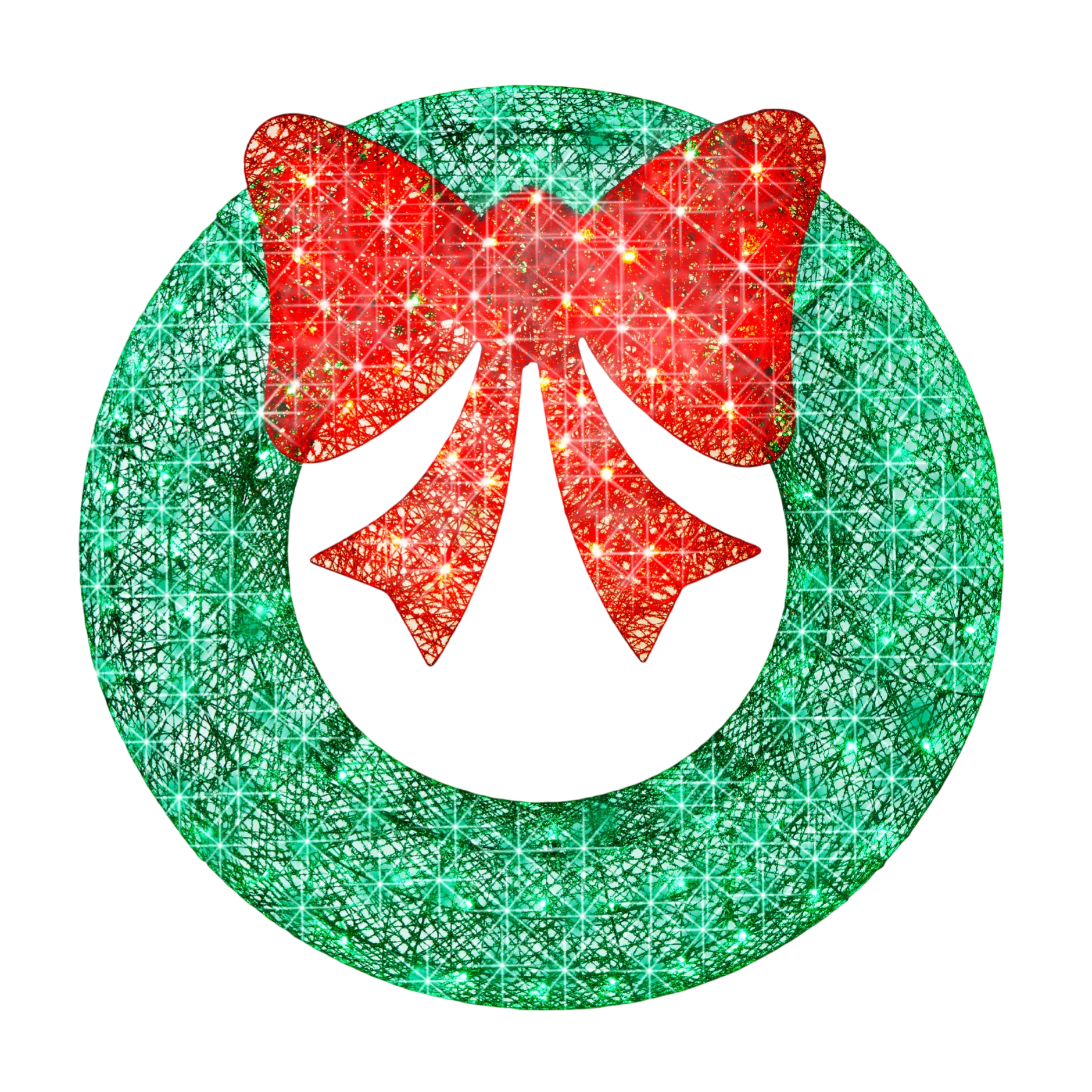 A decorative Christmas wreath with a green woven texture and a red bow, adorned with sparkling star-like effects.