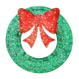 A decorative Christmas wreath with a green woven texture and a red bow, adorned with sparkling star-like effects.