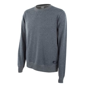 A gray Eddie Bauer crew sweater with long sleeves, featuring a small black label near the hem. The sweater is simple and casual with a V-stitch detail at the neckline.