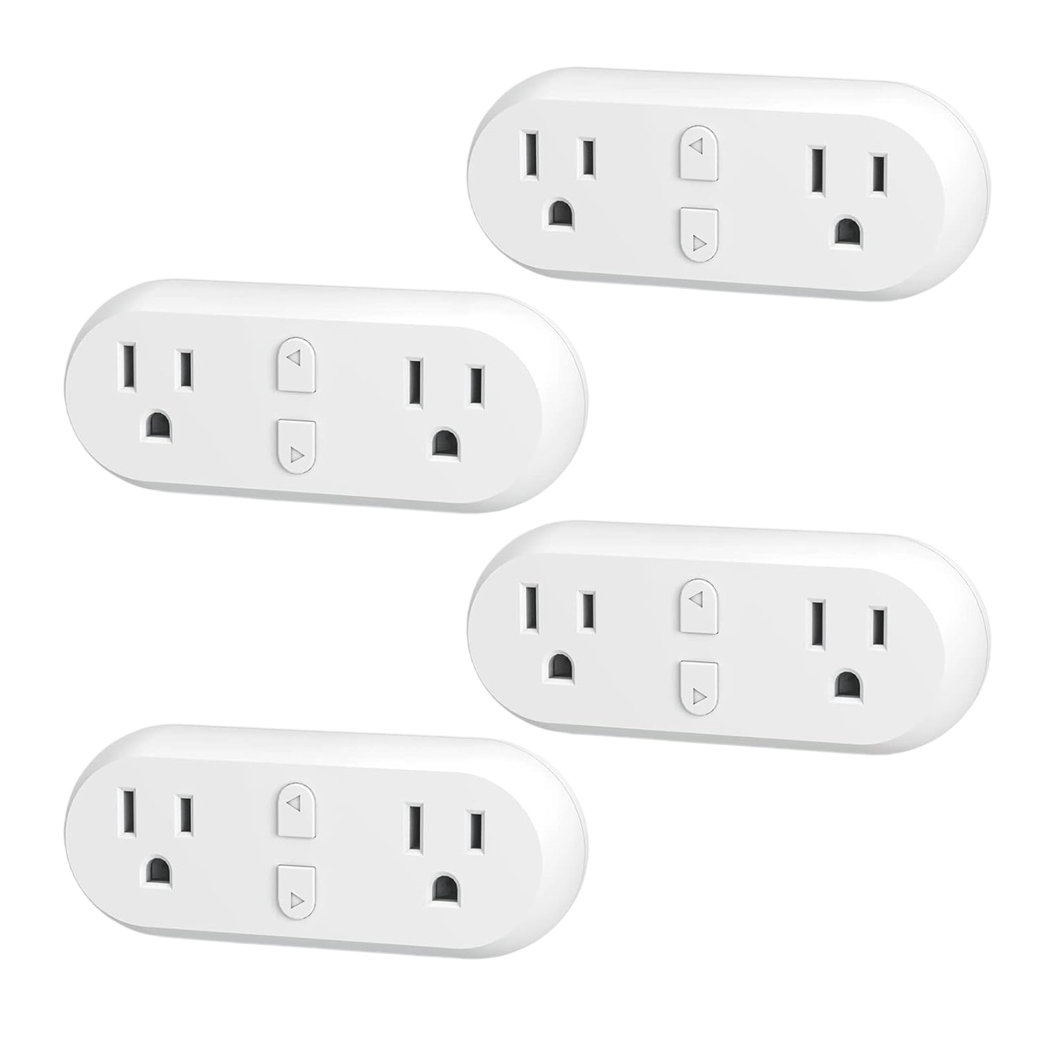 Set of four white smart plugs with dual outlets and control buttons, designed for smart home automation.