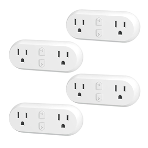 Set of four white smart plugs with dual outlets and control buttons, designed for smart home automation.