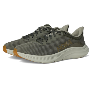 Hoka running shoes in a green and brown color scheme with a textured upper, featuring Hoka branding on the side and a cushioned sole for comfort.
