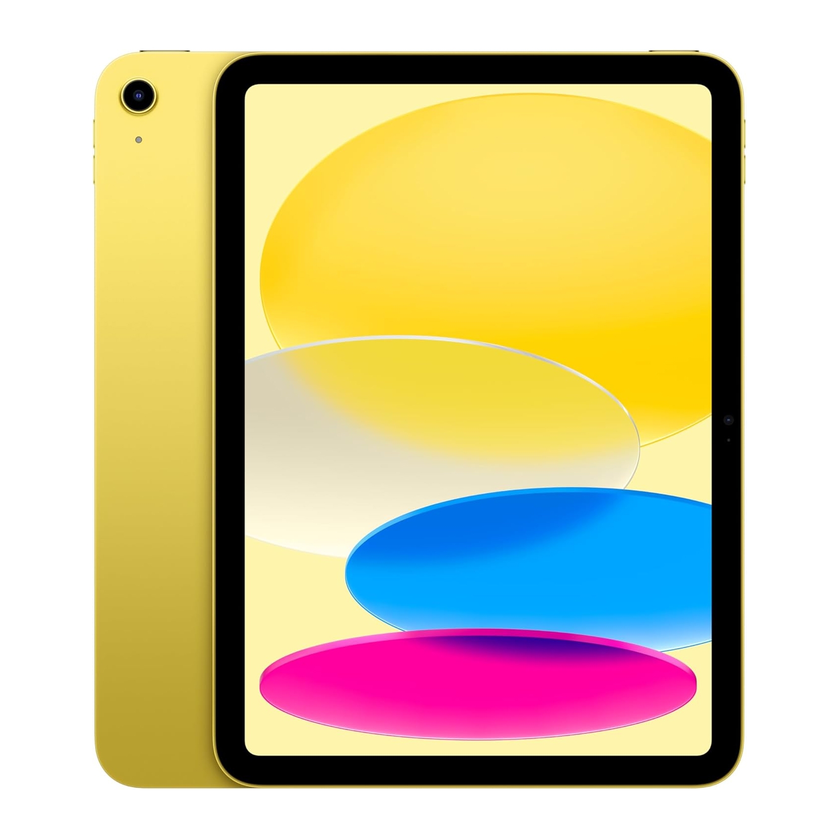 Yellow Apple 11\“ iPad featuring a colorful display with overlapping circles in yellow, white, blue, and pink. The device has a black screen border, rear camera, and buttons on the side.