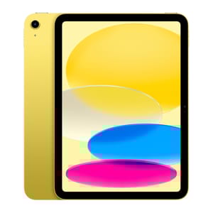 Yellow Apple 11\“ iPad featuring a colorful display with overlapping circles in yellow, white, blue, and pink. The device has a black screen border, rear camera, and buttons on the side.
