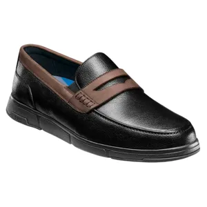 Black loafer with brown detailing, featuring a durable sole and classic design suitable for casual or semi-formal wear.