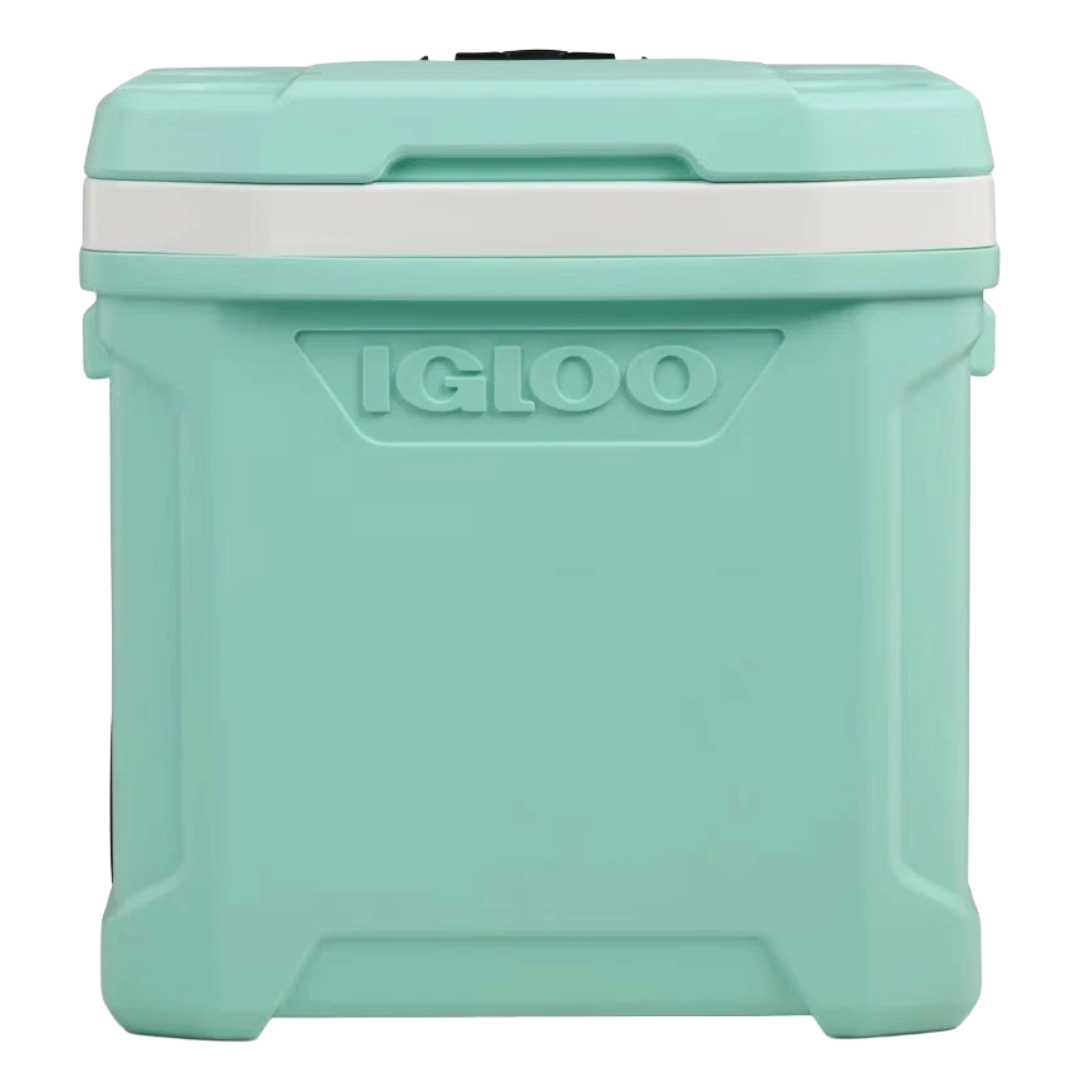 A light blue Igloo cooler with a white band around the top and the brand name embossed on the front.