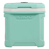 A light blue Igloo cooler with a white band around the top and the brand name embossed on the front.