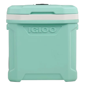 A light blue Igloo cooler with a white band around the top and the brand name embossed on the front.