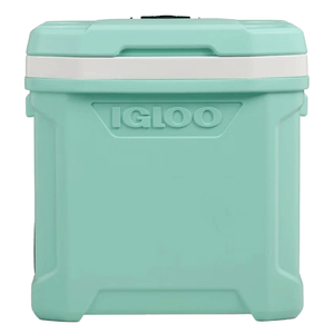 A light blue Igloo cooler with a white band around the top and the brand name embossed on the front.