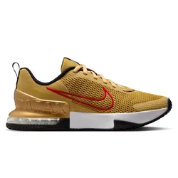 A yellow and black Nike Air Max shoe with red swoosh detailing and a visible air cushioning unit in the heel.