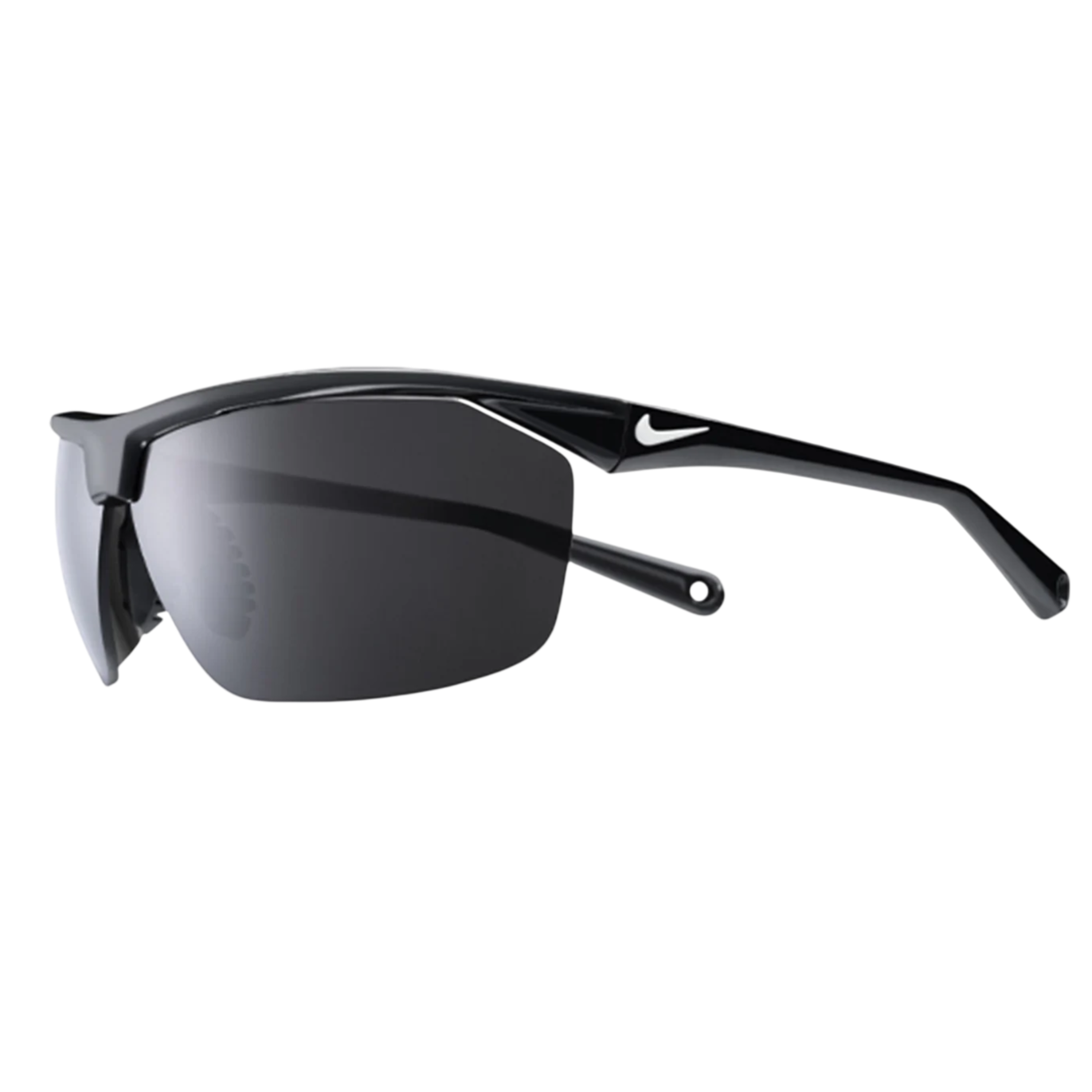 Black sunglasses with a sleek design, featuring a prominent white Nike logo on the arm.