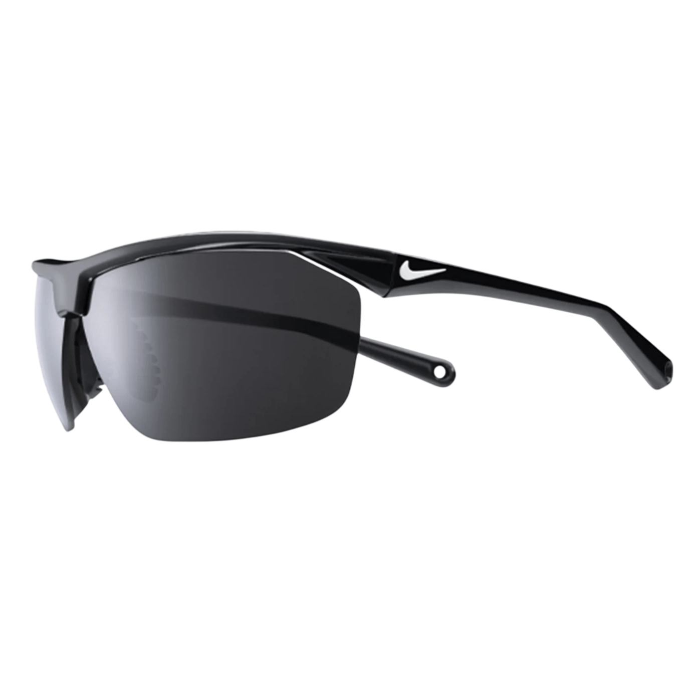 Black sunglasses with a sleek design, featuring a prominent white Nike logo on the arm.