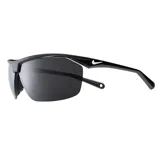 Black sunglasses with a sleek design, featuring a prominent white Nike logo on the arm.