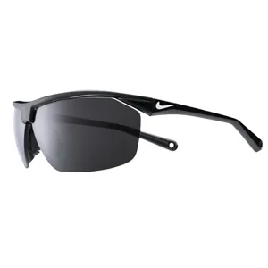 Black sunglasses with a sleek design, featuring a prominent white Nike logo on the arm.