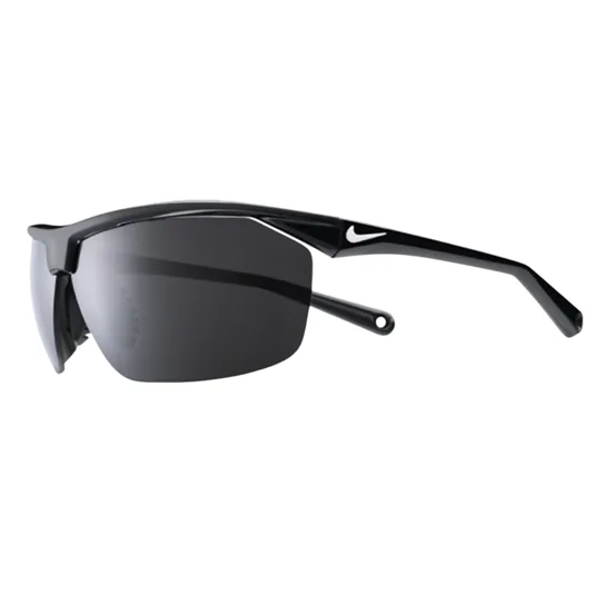 Black sunglasses with a sleek design, featuring a prominent white Nike logo on the arm.