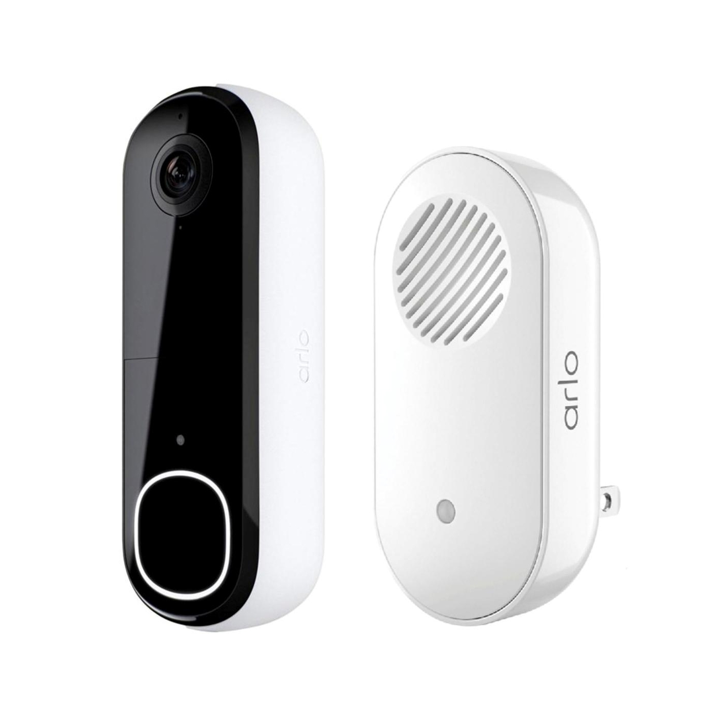 Arlo 2K Video Doorbell and Chime features a sleek design with a black camera panel on the doorbell and a white chime unit. The doorbell has a wide-angle lens and button indicator, while the chime has a speaker grille for sound alerts.