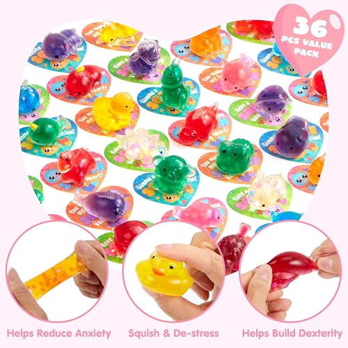 A 36-piece pack of colorful squishy toys designed to reduce anxiety, help de-stress, and build dexterity, featuring various animal shapes.