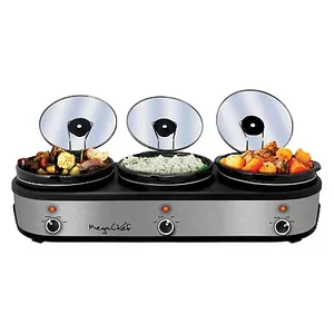 A MegaChef Triple Slow Cooker with three individual round pots and lids, each with its own temperature control knob on a shared stainless-steel base.