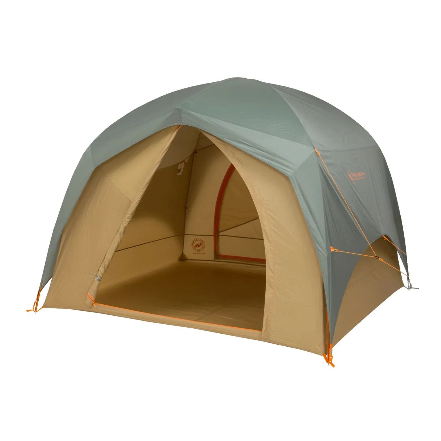 A dome-shaped camping tent with a beige and light blue color scheme, featuring an open entrance and visible interior space.