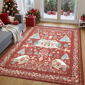 A red area rug with a festive winter scene featuring houses, trees, and deer is placed in a living room decorated for Christmas with a tree, gifts, and cozy furnishings by a snowy window.