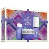 Sol de Janeiro Drench & Dazzle set includes Delicia Drench Shower Oil, Delicia Drench Body Butter, and a spray labeled \“68.\“ The packaging features vibrant purple and multicolored beadwork design.
