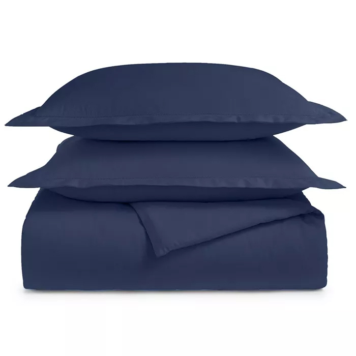 Charter Club 550TC Cotton Duvet Set in deep navy includes a duvet cover and pillow shams, crafted from 550 thread count cotton for a soft and smooth texture.