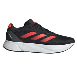 Black athletic shoe with red stripes and a white sole, featuring \“DURAMO SL\“ text and lightweight construction.