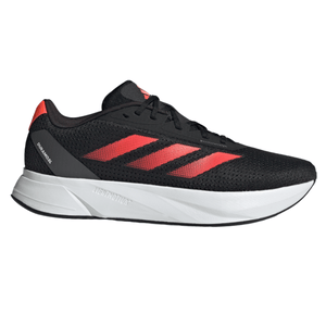Black athletic shoe with red stripes and a white sole, featuring \“DURAMO SL\“ text and lightweight construction.