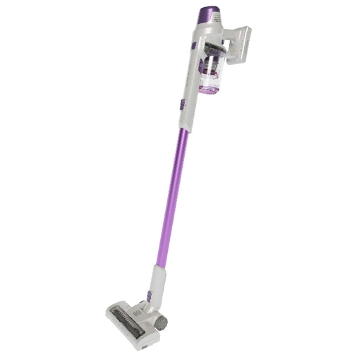 Cordless stick vacuum cleaner with a purple and white design, featuring a detachable handheld unit and a transparent dust container.