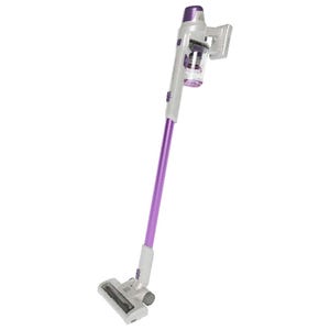 Cordless stick vacuum cleaner with a purple and white design, featuring a detachable handheld unit and a transparent dust container.