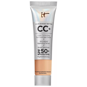 IT Cosmetics CC+ Cream is a color-correcting full coverage cream with anti-aging hydrating serum and SPF 50+ UVA/UVB physical sunscreen for skin protection.