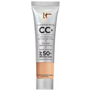 IT Cosmetics CC+ Cream is a color-correcting full coverage cream with anti-aging hydrating serum and SPF 50+ UVA/UVB physical sunscreen for skin protection.