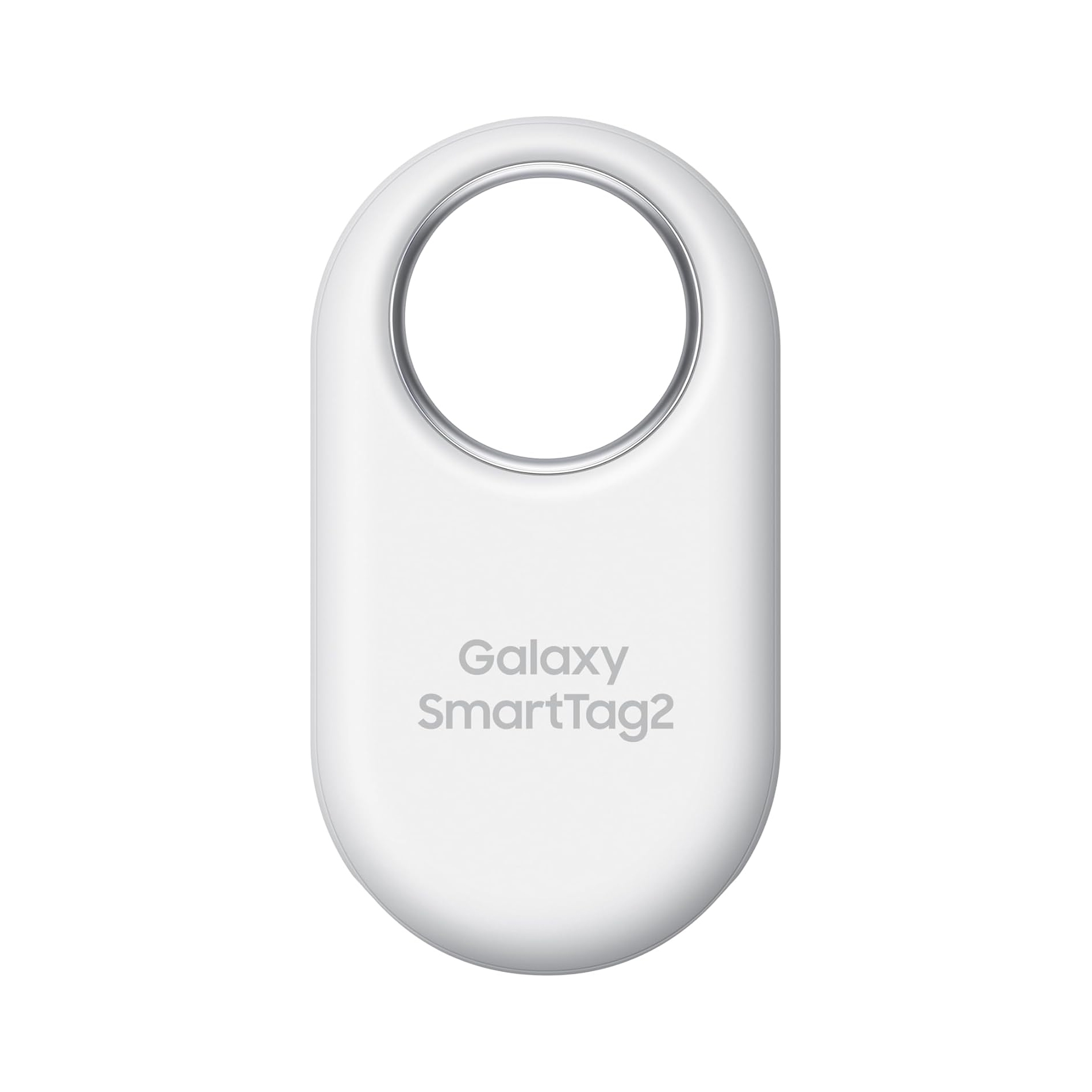 A white Samsung Galaxy SmartTag2, a Bluetooth tracker device.