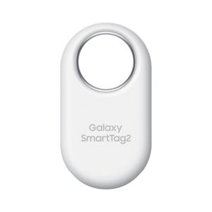 A white Samsung Galaxy SmartTag2, a Bluetooth tracker device.