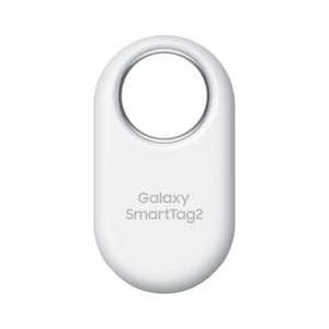 A white Samsung Galaxy SmartTag2, a Bluetooth tracker device.