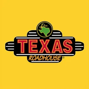 Logo of Texas Roadhouse with the word \“TEXAS\“ in large red and yellow letters and \“ROADHOUSE\“ beneath it, featuring a circular emblem of Texas with a cowboy hat.