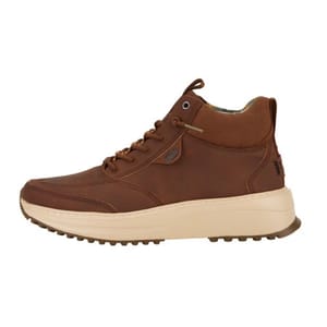 Hey Dude Tahoe Boots feature a brown leather upper with a lightweight, chunky off-white sole. They have lace-up closure, metal eyelets, and a pull tab at the heel for easy wear.