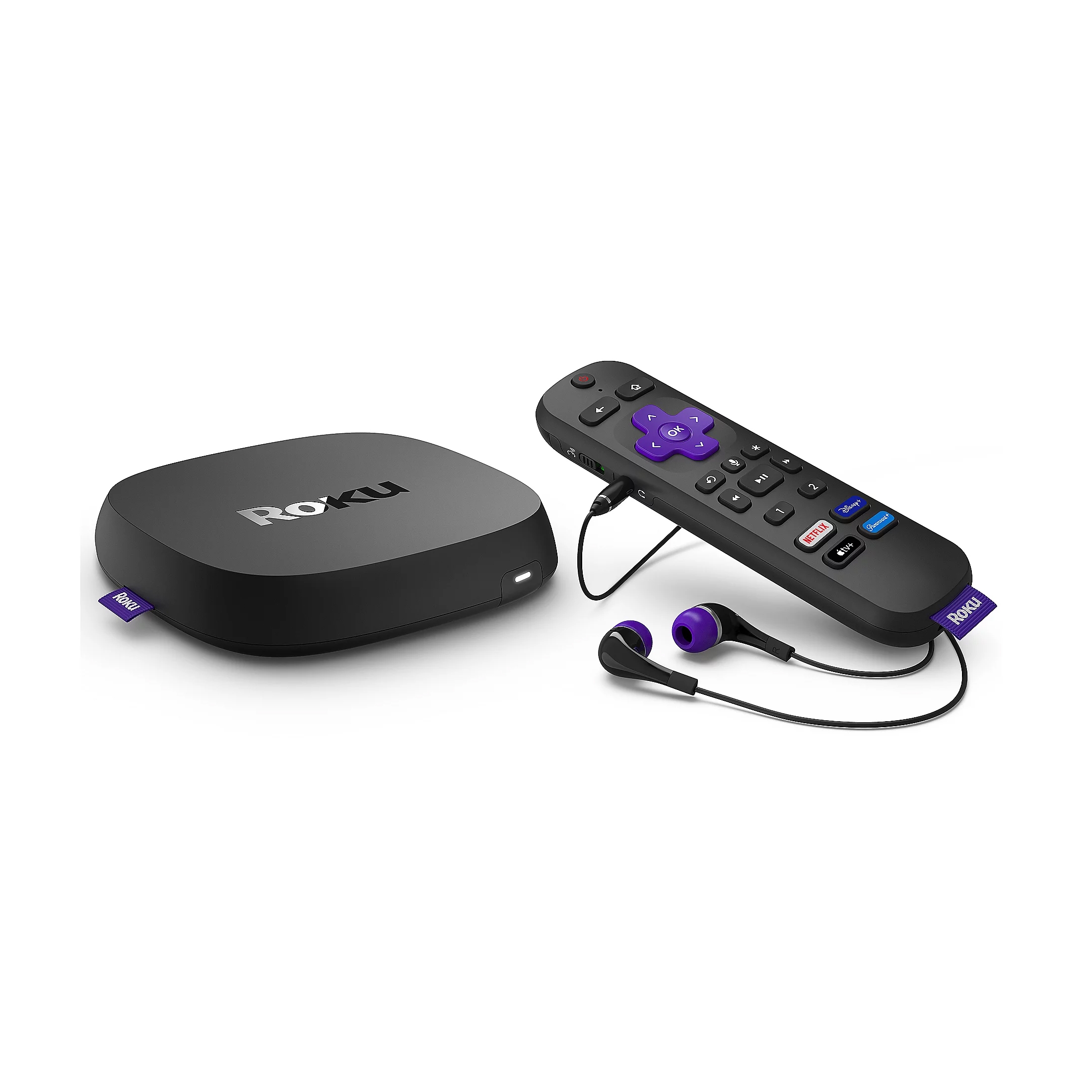 A Roku Ultra 4K streaming device with a remote control that has dedicated service buttons and included earbuds for private listening.
