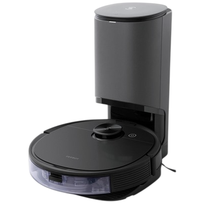 A robotic vacuum with an automatic dirt disposal base, featuring a sleek black design.