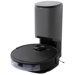 A robotic vacuum with an automatic dirt disposal base, featuring a sleek black design.
