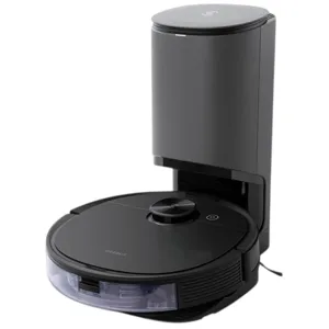 A robotic vacuum with an automatic dirt disposal base, featuring a sleek black design.