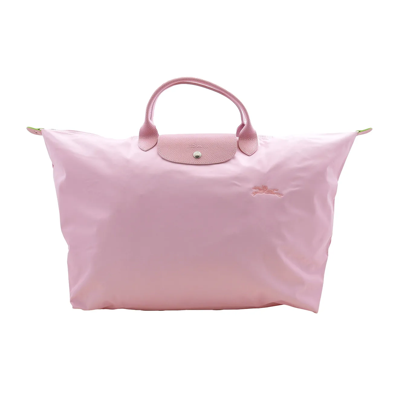 A pink Longchamp Le Pliage tote bag with two handles, a flap with snap closure, and a logo on the front.