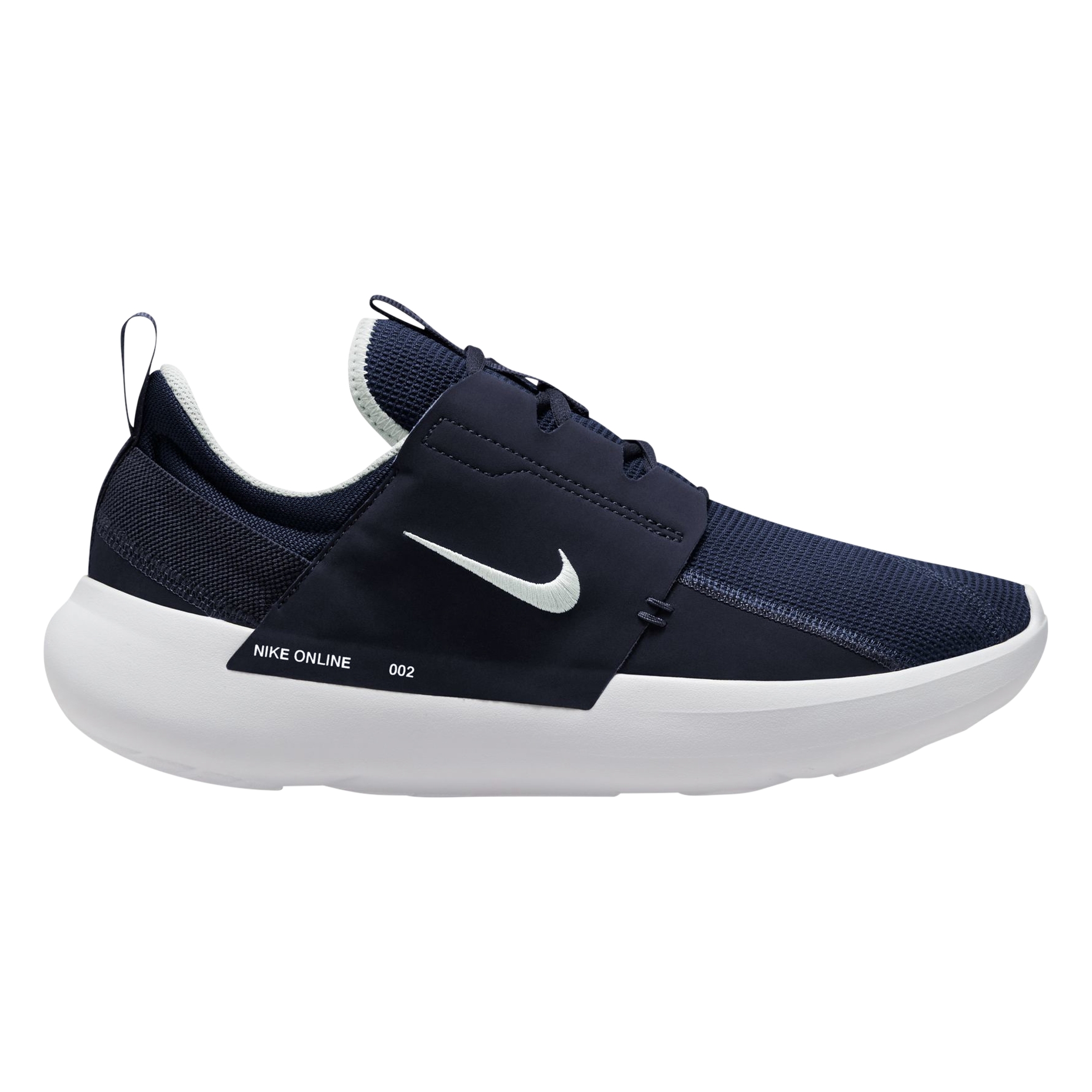 A Nike sneaker in navy blue with a white swoosh logo and sole.