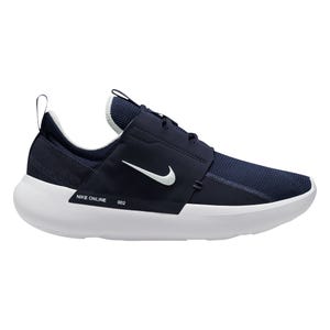 A Nike sneaker in navy blue with a white swoosh logo and sole.
