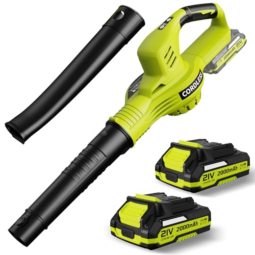 A yellow and black cordless leaf blower is displayed alongside two batteries with a capacity of 2000mAh each. The design suggests a lightweight and portable tool for garden maintenance.