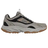 Gray and black athletic shoe with orange accents, featuring a rugged tread, mesh and synthetic upper, and a cushioned midsole for comfort.
