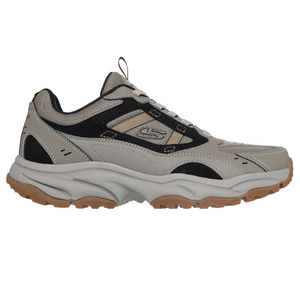 Gray and black athletic shoe with orange accents, featuring a rugged tread, mesh and synthetic upper, and a cushioned midsole for comfort.