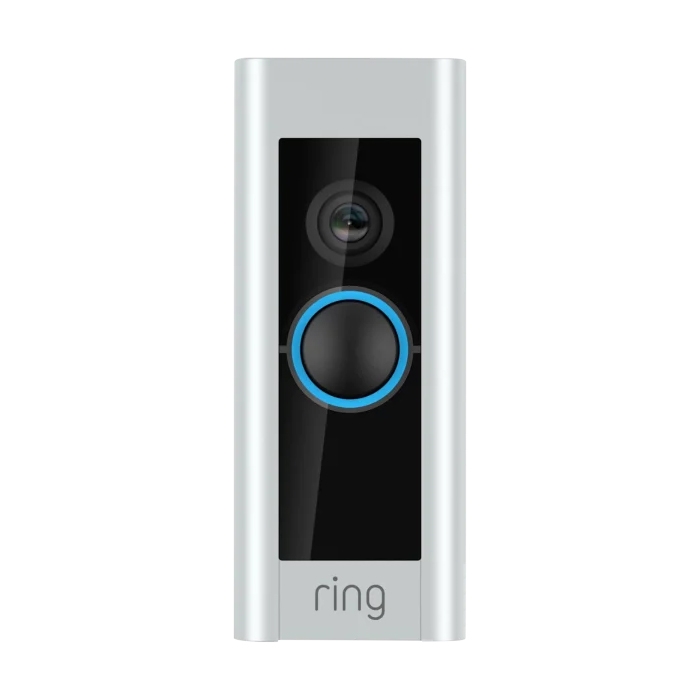 A Ring video doorbell with a camera lens surrounded by a blue light ring and a silver casing.