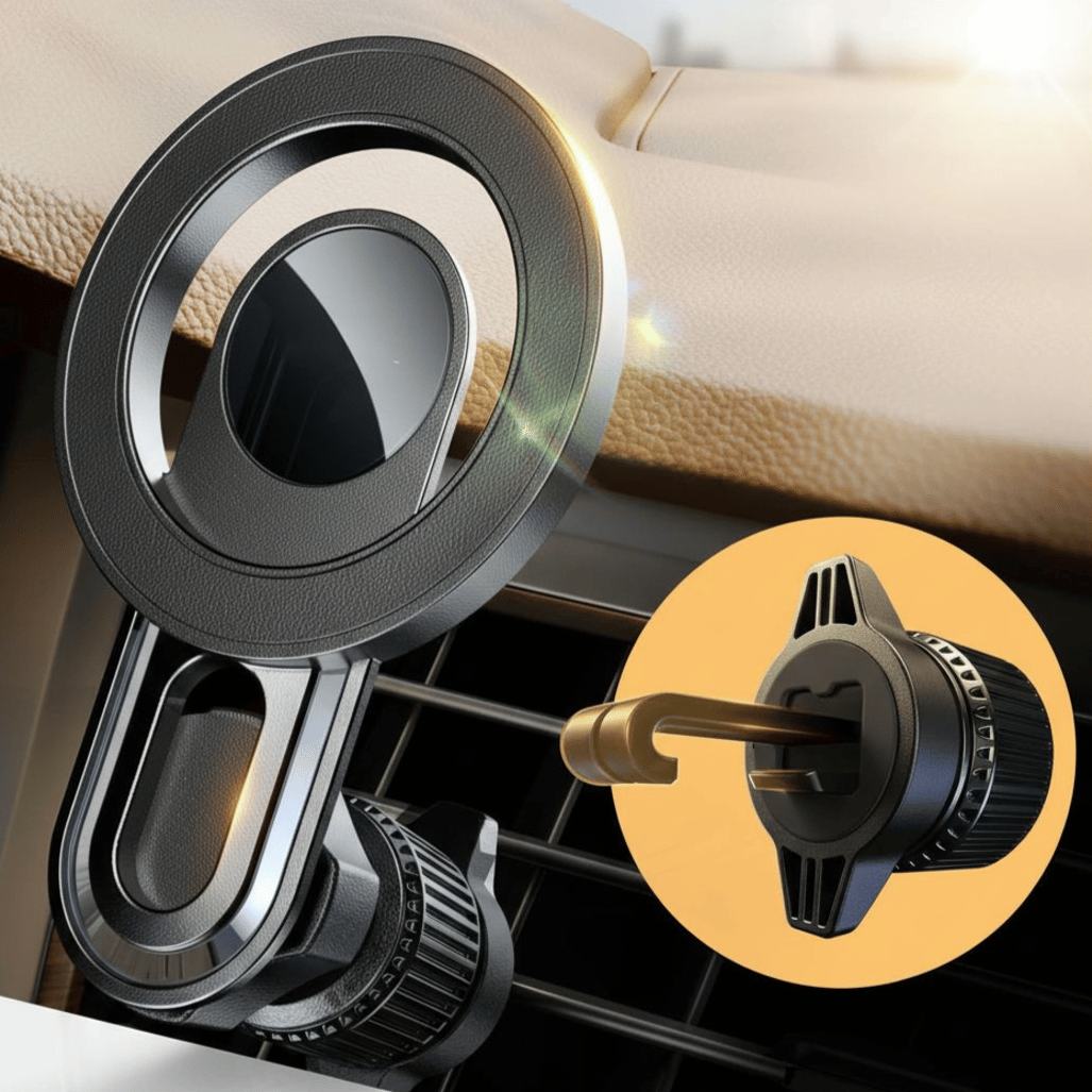 Magnetic car phone holder mounted on a vehicle's air vent with a round secure grip and adjustable clamp attachment, shown close-up with golden hook detail.